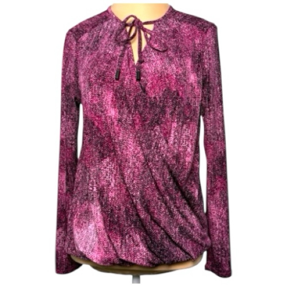 Kenneth Cole Pink Burgundy Wrap Front Tie Neck Blouse Long Sleeve Small